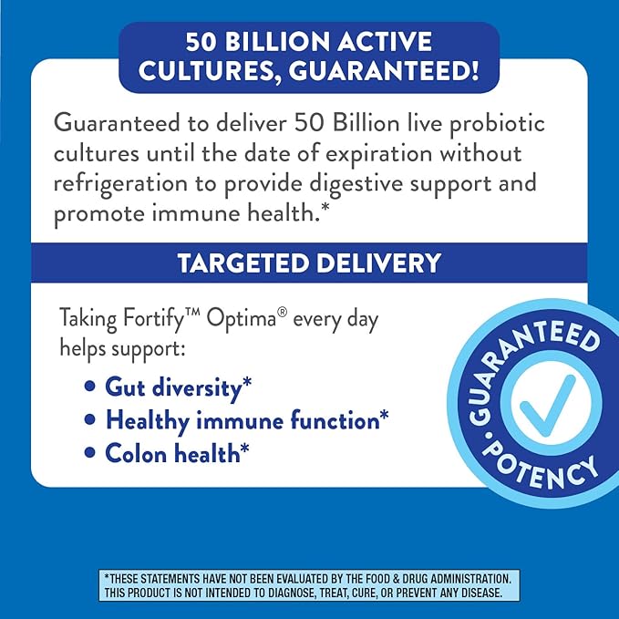 Nature's Way Fortify Optima Probiotic for Adults 50+ 50 Billion Live Cultures Supports Digestive Balance Colon &amp Immune Health* No Refrigeration Needed 30 Capsules (Packaging May Vary)