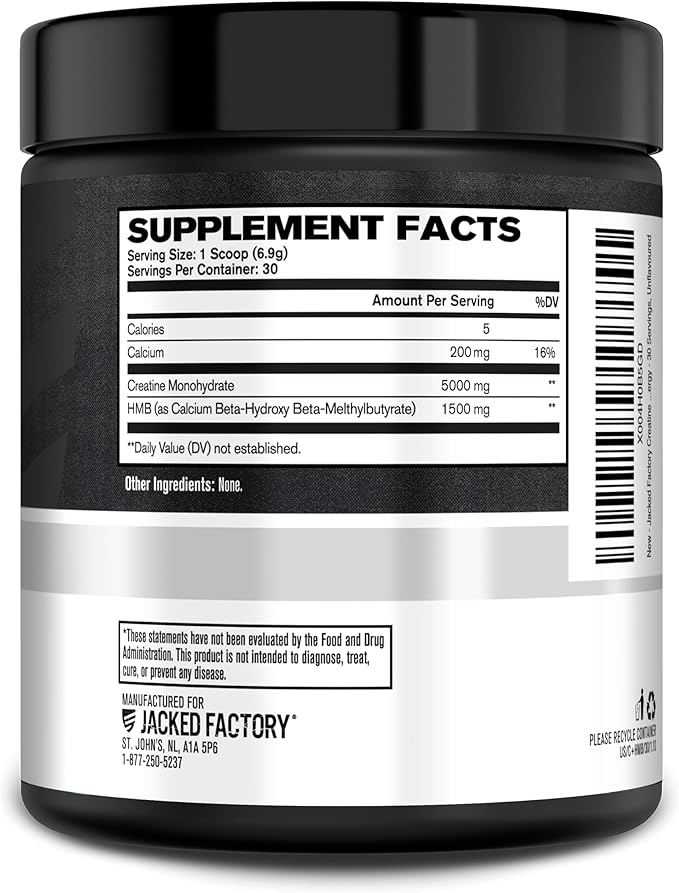 Jacked Factory Creatine HMB Powder Supplement with Creatine Monohydrate &amp HMB for Men &amp Women for Muscle Growth Increased Strength Enhanced Energy - 30 Servings Unflavored