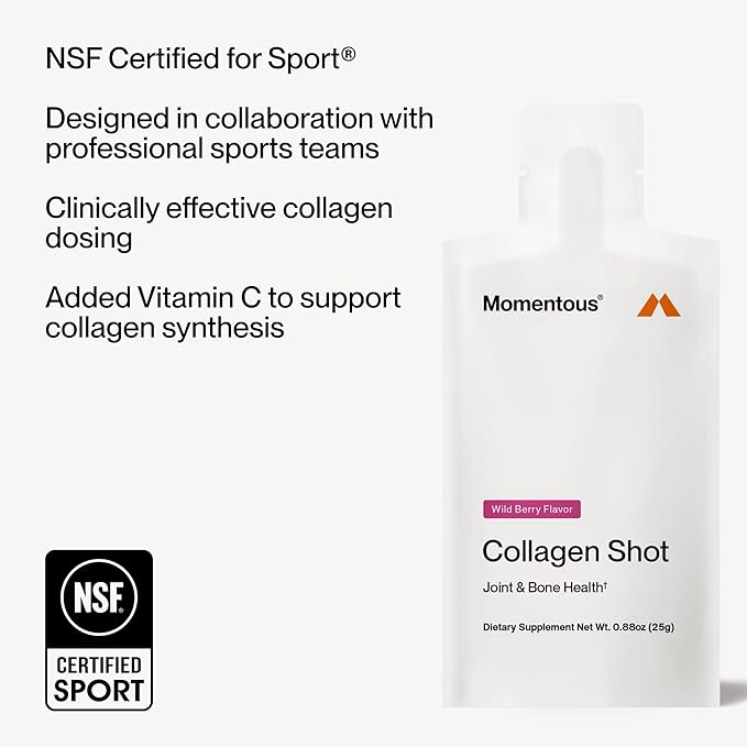 Momentous Collagen Shot Supplement - Hydrolyzed Bovine Collagen &amp Vitamin C Helps Support Joint Bone &amp Connective Tissue Health - NSF Certified for Sport - Wild Berry - 25g per Serving - 15