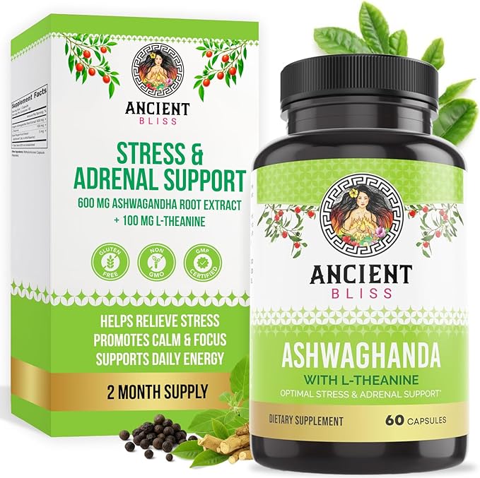 Ancient Bliss Ashwagandha with L-Theanine &amp Black Pepper Extract Capsules Energy &amp Natural Mood Support Supplement Focus Supplement for Adults