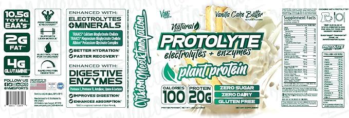 Protolyte Natural Plant Protein by VMI Sports with Electrolytes and Enzymes | Zero Sugar – Zero Dairy – Gluten Free | 20 G Protein + 10.5 G of EAAs (25 serving Vanilla Cake Batter)