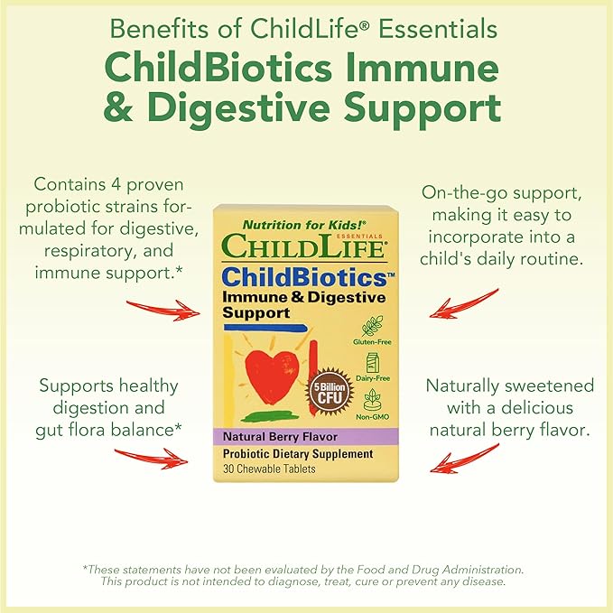 CHILDLIFE ESSENTIALS Childbiotics Immune &amp Digestive Support - Kids Probiotic Probiotics for Kids &amp Toddlers Childrens Chewable Probiotic for Gut Health - Natural Berry 30 Chewable Tablets