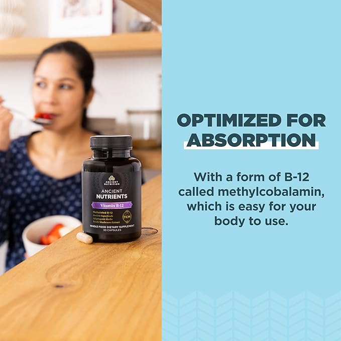 Ancient Nutrition Vitamin B12 Supplement Supports Energy Metabolism and Nervous System Health Adaptogenic Herbs Enzyme Activated Paleo &amp Keto Friendly 30 Capsules