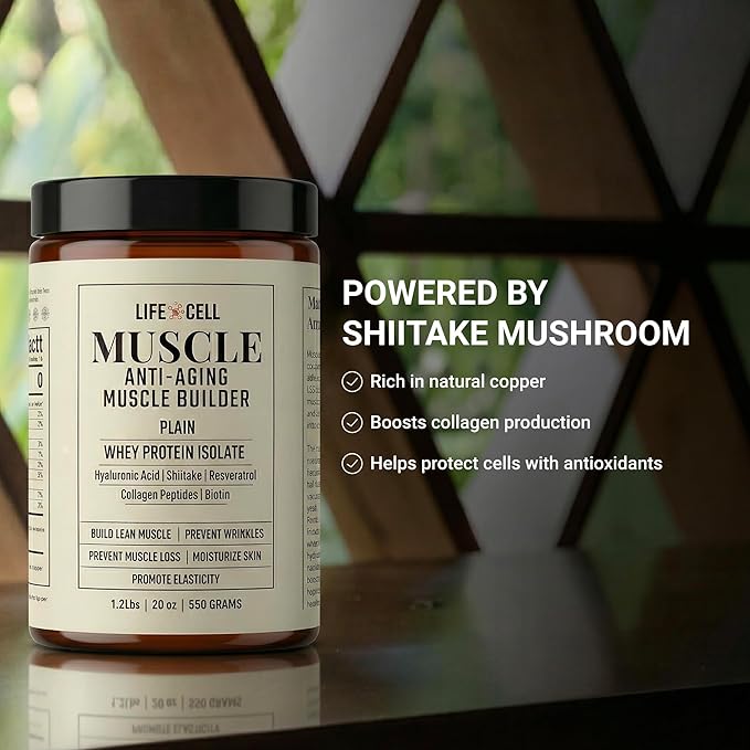 LifeCell Whey Protein – Anti-Aging Muscle Builder with Shiitake Mushroom Collagen &amp Hyaluronic Acid – Plain No Sugar Added Soy-Free Gluten-Free 550g