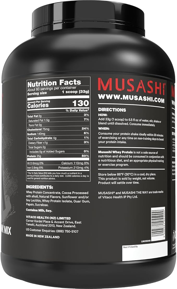 MUSASHI Whey Protein Chocolate Powder 2kg Tub 4.4 Pounds