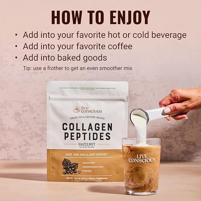 Live Conscious Collagen Peptides Powder - Hazelnut Flavored Collagen Powder - Hair Skin Nail &amp Joint Support - Type I &amp III Grass-Fed Collagen Supplements for Women and Men - 30 Serving - 1