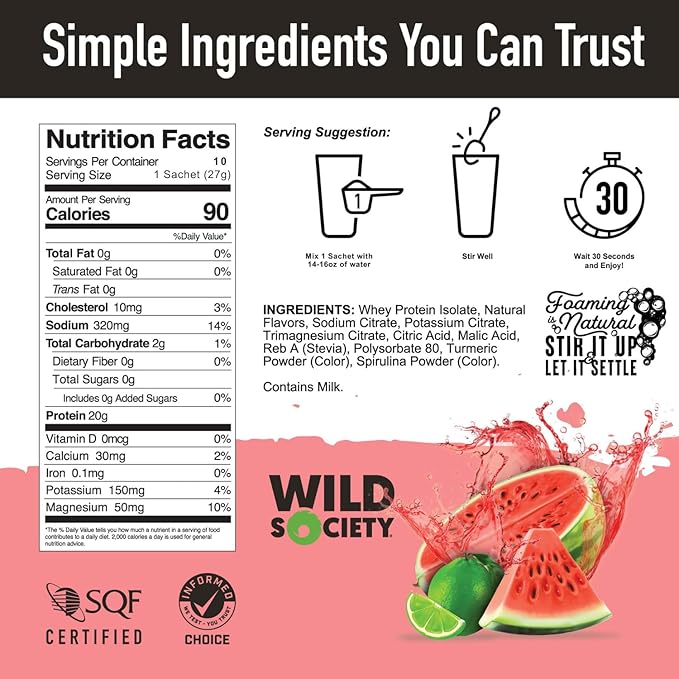 WILD SOCIETY - Clear Protein Powder + Electrolytes - 20g Clear Whey Protein Isolate Drink - Zero Sugar - 0g Lactose - Natural Ingredients - Travel Pack - 10x Singe Serves - Watermelon Lime