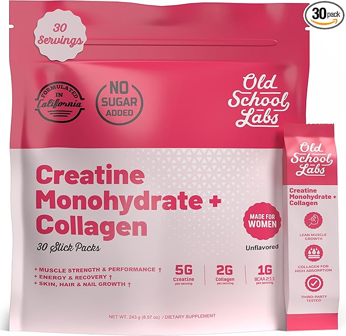 Old School Labs Creatine Stick Packs for Women | 5000mg Creatine Monohydrate 2000mg Collagen &amp BCAA 2:1:1 for Lean Muscle Booty Growth &amp Recovery | No Bloat Workout Supplement 30 Travel Pac