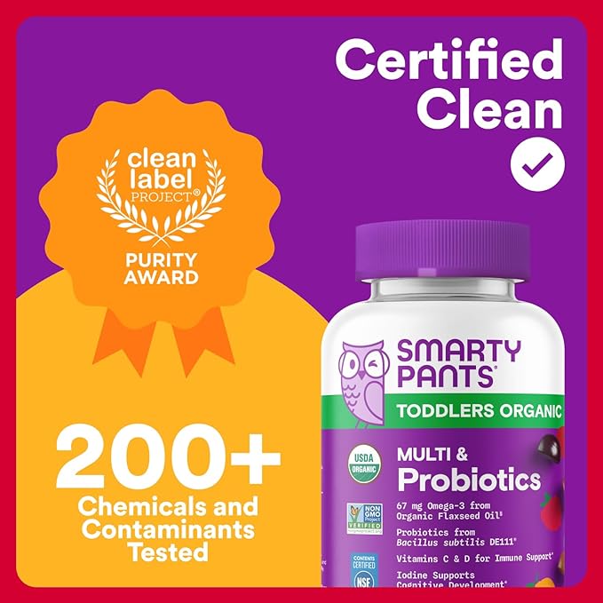 SmartyPants Organic Toddler Multivitamin Gummies: ProbioticsOmega 3 (ALA)Vitamin D3CVitamin B12B6AK&ampZincBeta CaroteneGluten FreeThree Fruit Flavors (30 Day Supply)60 Count (Pack of 2)