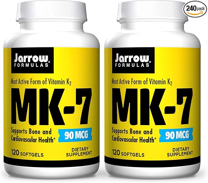 Jarrow Formulas MK-7 90 mcg - 120 Softgels Pack of 2 - Superior Vitamin K Product for Building Strong Bones - Supports Heart &amp Cardiovascular Health - 240 Total Servings