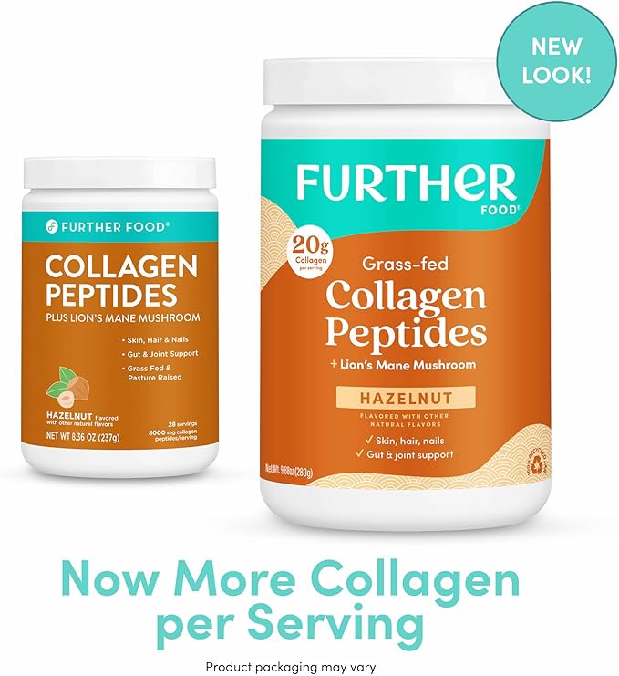 Further Food Hazelnut Collagen Peptides Powder with Lion’s Mane Mushroom Grass-Fed Hydrolyzed Type 1 &amp 3 Protein Gut Health + Joint Hair Skin Nails Paleo Keto Sugar-Free 9.88 oz