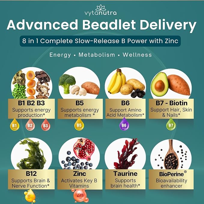 Plus B 11-in-1 Beadlet Capsule – Complete B-Complex with B1 B2 B3 B5 B6 B7 B9 B12 – Timed Release for Energy Vitality Brain Heart Immune Mood &amp Overall Wellness