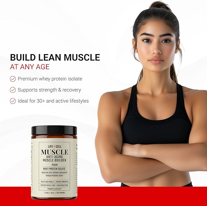 LifeCell Whey Protein – Anti-Aging Muscle Builder with Shiitake Mushroom Collagen &amp Hyaluronic Acid – Plain No Sugar Added Soy-Free Gluten-Free 550g