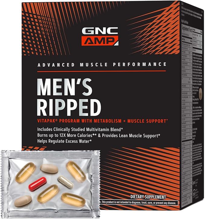 GNC AMP Men’s Ripped Vitapak Program 4 in 1 Product Vitamin Pack Metabolism &amp Lean Muscle Tone Burn Calories Water Shedding Adult Multivitamin Caffeine CLA Proven Ingredients 30-Day Suppl