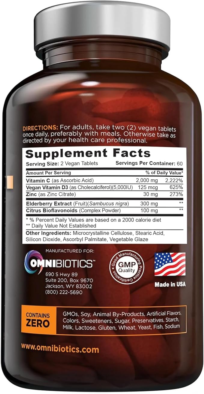 OmniBiotics Ultimate Vitamin C Supplement 2000mg – with Zinc Elderberry Extract and D3 – High Potency Immune Support &amp Collagen Booster – 120 Vegan Tablets