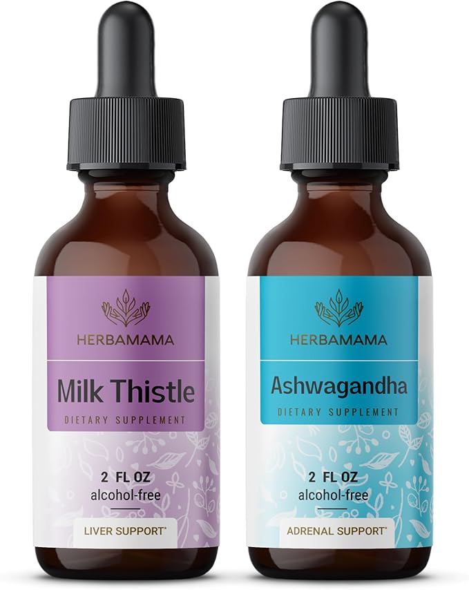 HERBAMAMA Herbal Liquid Drops Kit - Bundle of Milk Thistle Extract &amp Ashwagandha Root Tincture 2 fl oz - Vegan Non-GMO Sugar &amp Alcohol-Free - 2 Pack