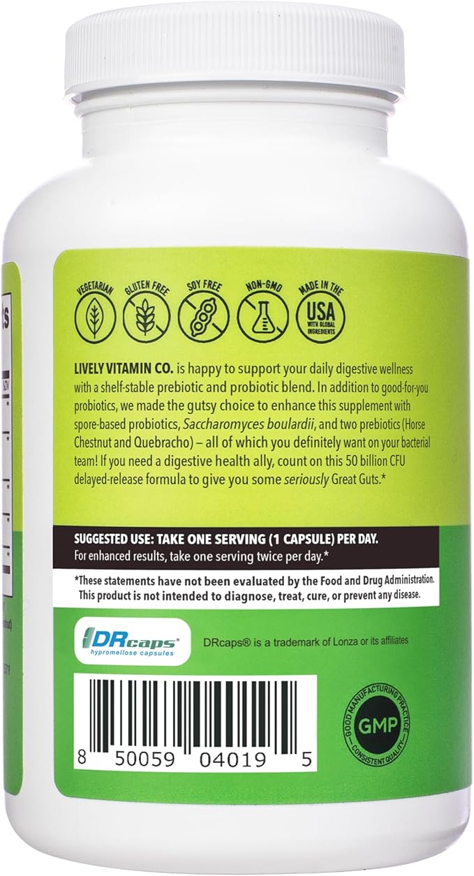 LIVELY VITAMIN CO. Great Guts Probiotic 50 Billion CFU Probiotic - Balance Gut Microbiome GI Tract Inflammation Indigestion Reflux Upset Stomach &amp Diarrhea - 90 Caps