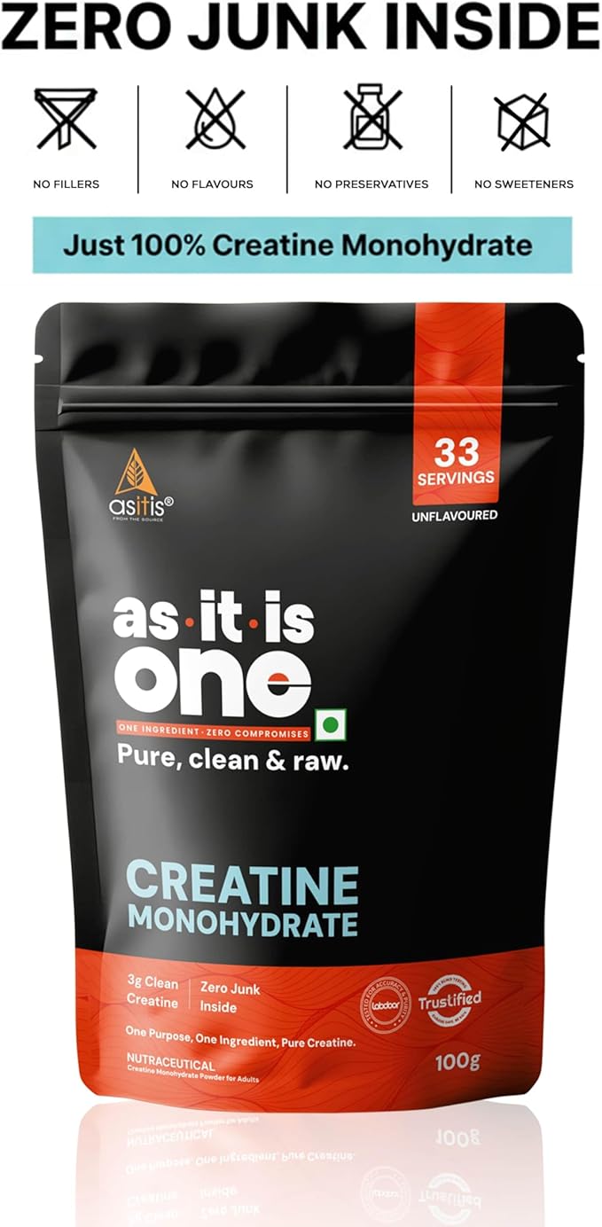 AS-IT-IS Nutrition Creatine Monohydrate 100gms/3.5 Oz | USA Labdoor Certified for Accuracy &amp Purity Gluten-free No Preservatives Pre-and Post-workout Supplement