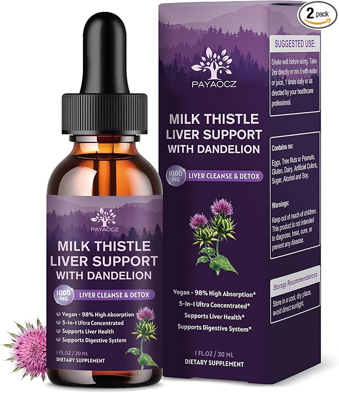(2 Pack) Milk Thistle Liquid Drops Silymarin 1000mg Liver Supplement Detox &amp Cleanse with Dandelion &amp Artichoke Milk Thistle Organic Extract for Support Repair Liver Health Vegan Non-GMO