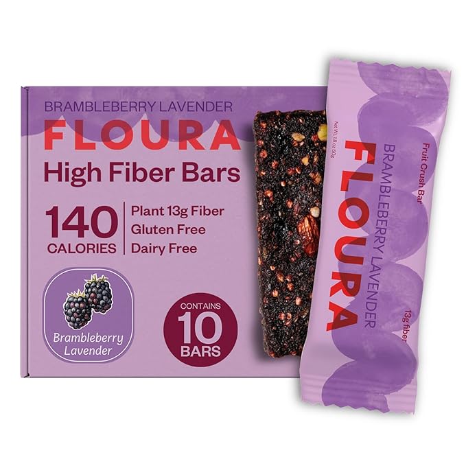 Floura Brambleberry Lavender Fruit-Forward Fiber Bars– High Fiber Vegan Gluten &amp Dairy Free Low Calorie Healthy Snack Bars with Upcycled Produce for Gut Health [10 Pack]