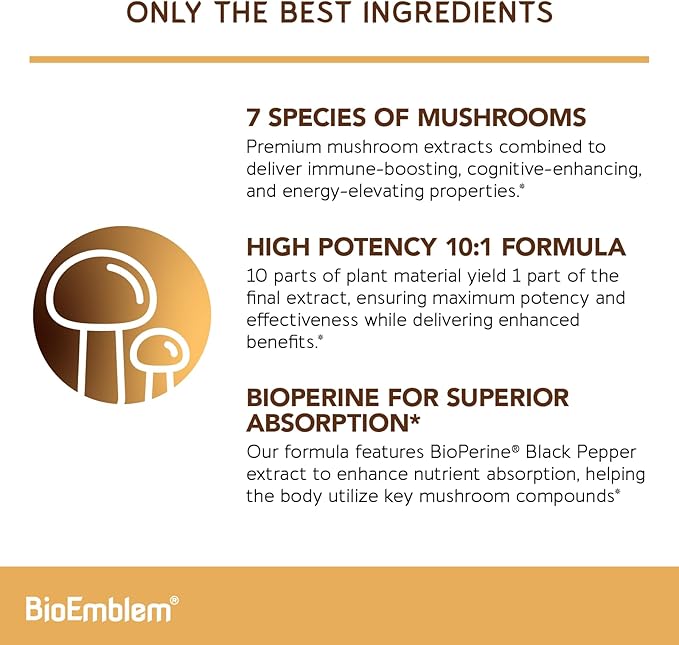 BioEmblem Vitamin D3 K2 (5000IU and 200mcg) and Mushroom Complex