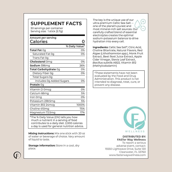 Faster Way - Hydration - Electrolyte Drink Mix - with Apple Cider Vinegar Choline Probiotics &amp Natural B Vitamins - Energize &amp Revive - Powder Packets - Zero Sugars - Gluten Free - Berry - 3