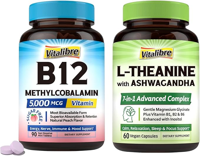 Vitamin B12 Sublingual 5000 mcg 90 Tablets and L-Theanine 200mg 60 Caps