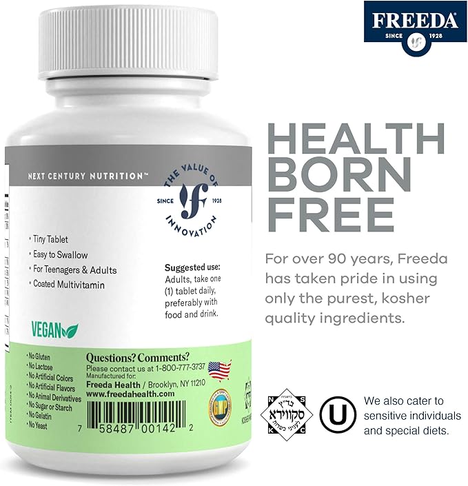 Freedavite Tiny Tablet - Moderate Multivitamin for Men and Women - Pure Vitamin A C D E B1 B2 B6 B12 Biotin Calcium Zinc Iron Magnesium Manganese Copper Selenium Iodine - 250 Count