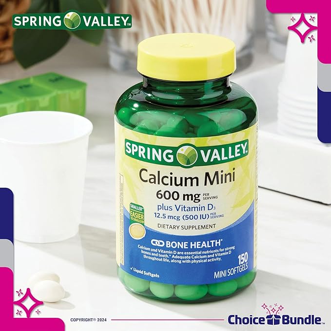Spring Valley Calcium 600 mg Plus Vitamin D3 12.5 mcg 150 Ct Mini Softgels 3 Pk (450 Total) + “Vitamin Vitality” Guide &amp Pill Container (5 Items)!