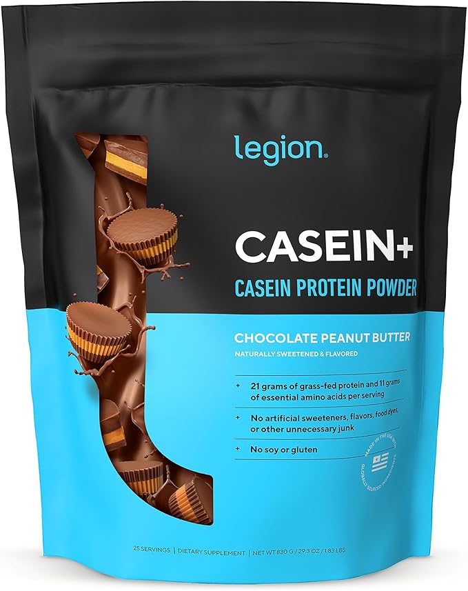 LEGION Casein+ Casein Protein Powder (Chocolate Peanut Butter) - Slow-Release Micellar Protein Powder - Non-GMO Gluten-Free &amp Naturally SweetenedPowder from Grass-Fed Cows (25 Servings)