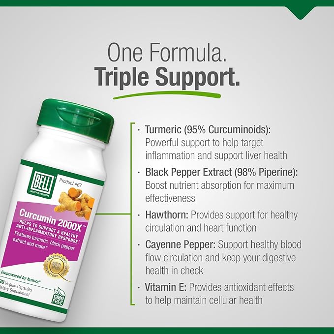 Bell Curcumin Supplements Curcumin 2000X® - Unique Blend with Turmeric Black Pepper Vitamin E Hawthorn- Help Support Digestion Inflammation Cardiovascular Health &amp Peripheral -90 Units