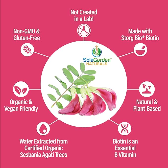 Whole Food Biotin Supplement - Contains Certified Organic Plant Based Biotin from Sesbania Agati Trees - by SolaGarden Naturals. May Support Hair Skin and Nails. 60 Non GMO Veggie Capsules.