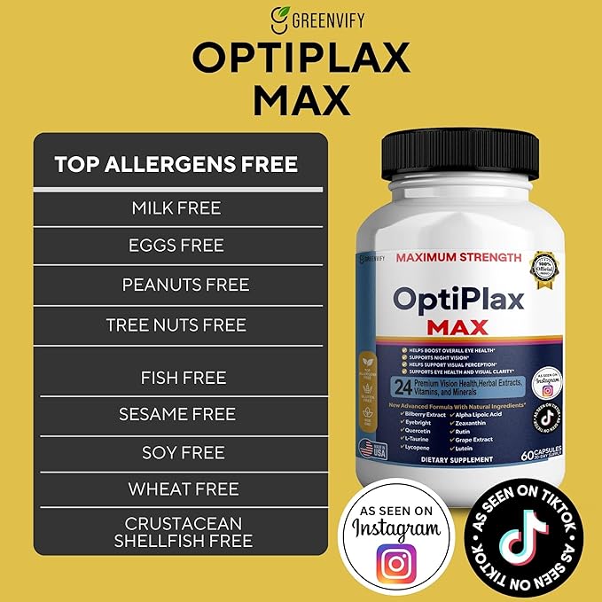 OptiPlax Max Vision Support Supplement 24 Premium Herbal Extracts Vitamins &amp Minerals 60 Capsules (1)