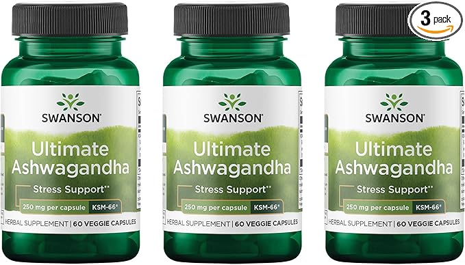 Swanson Ultimate Ashwagandha KSM-66 - Herbal Supplement Supporting Healthy Stress Levels &amp Relaxation - Natural Formula to Promote a Calm &amp Relaxed Mindset - (60 Veggie Capsules 250mg Each) (