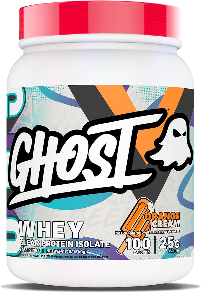 GHOST Clear Whey Isolate Protein Powder Orange Cream - 1.4 LB Tub 25G of Whey Protein - Post Workout Drink for Muscle Gain &amp Recovery – Sugar Free Soy Free &amp Zero Fat 20 Servings