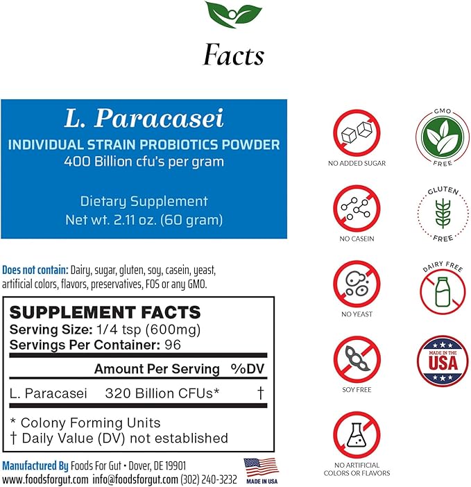 Lactobacillus Paracasei Probiotic Powder 400 Billion cfu's | Made in USA | No Additives | Direct from Manufacturer | No Third-Party Storage | Immune Support | L. Paracasei | 60 Grams (2.11 Oz)
