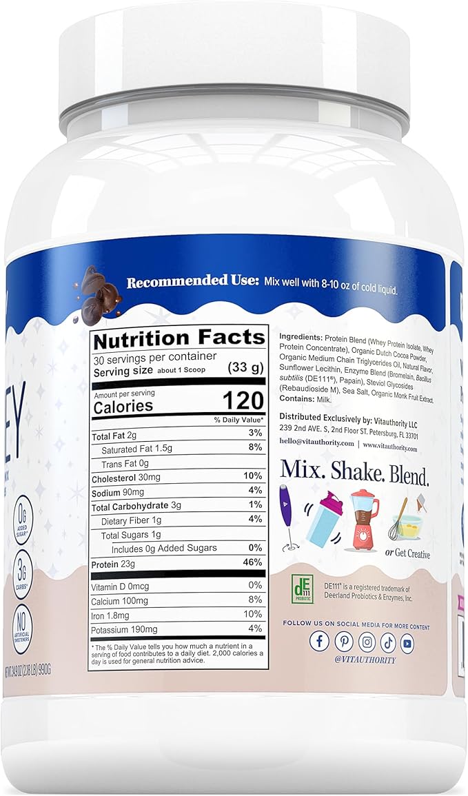Vitauthority Whey Protein Powder for Women Whey Isolate Probiotics &amp Enzymes Supports Digestion Nutrient Absorption &amp Energy Post-Workout &amp Daily Nutrition Chocolate Flavored 30 Servings