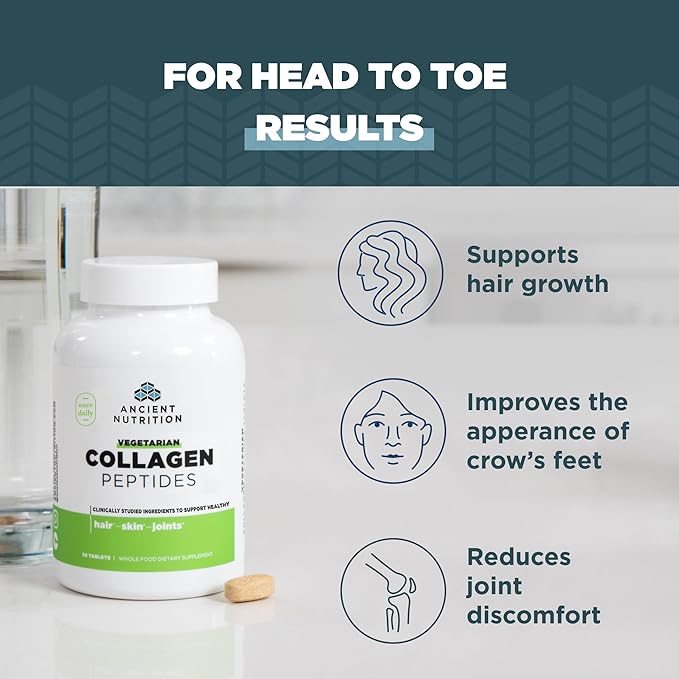 Ancient Nutrition Vegetarian Collagen Peptides Collagen Peptides Tablets Collagen with Prebiotics and Probiotics Supports Healthy Skin Hair Joints Digestion Vegetarian Capsules 30 Count
