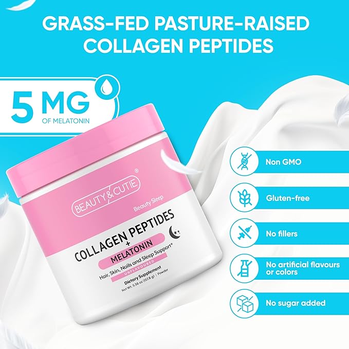 Melatonin 5 mg with Collagen Peptides Powder Grass Fed Hair Skin Nails and Sleep Support Non GMO Gluten Free Unflavored 5.56 oz