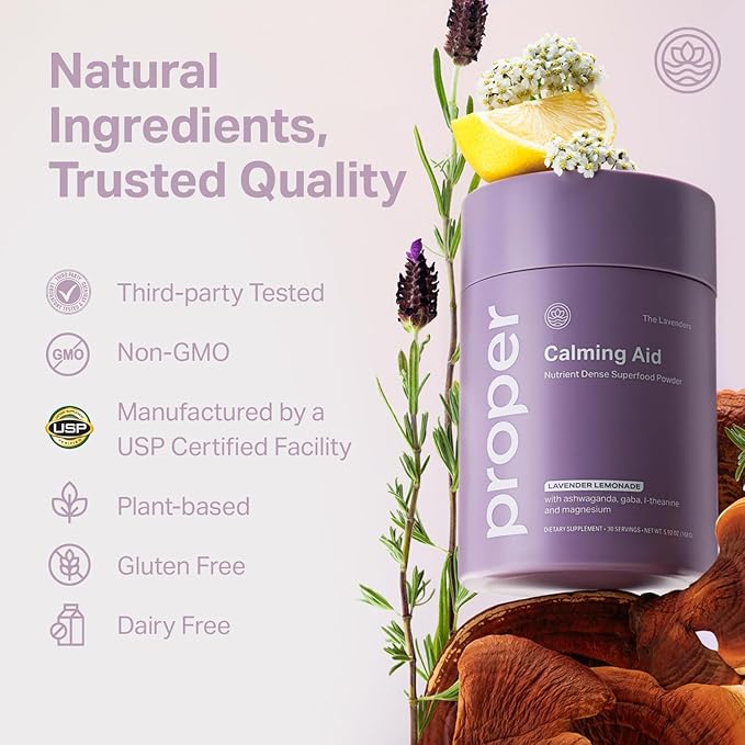 Proper The Lavenders Calming Aid. Magnesium Supplement Relaxation Drink Mix with GABA L-Theanine Lavender Lemon Balm and Ashwagandha. Natural Calm Stress Support Supplements