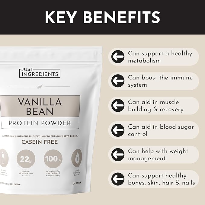 JUST INGREDIENTS Vanilla Bean Protein Powder – 30-Serving Blend with 100% Grass-Fed Whey &amp Organic Plant Proteins – Real Vanilla Bean &amp Cinnamon – Supports Muscle Recovery Energy*