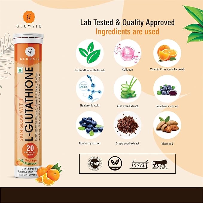Glowsik Glutathione Effervescent Tablets for Skin Health 600mg Glutathione Reduced with Vitamin C for Lightening Antioxidants Supplements for Glowing Skin Health Orange Flavour (4 Orange)