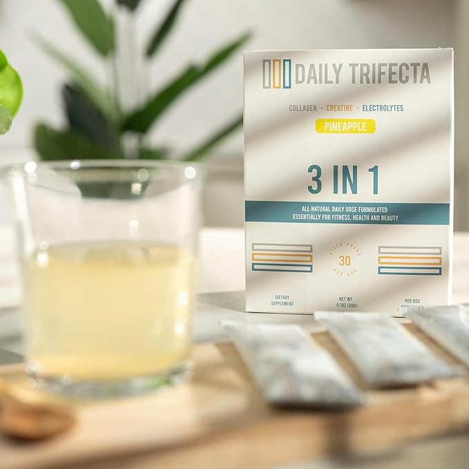 DAILY TRIFECTA 3-in-1 Collagen Creatine &amp Electrolyte Stick Packs | Type I Collagen Creatine Monohydrate Zero Sugar | 30 Natural Single-Serve Packets | Strength Hydration &amp Recovery (Pinea