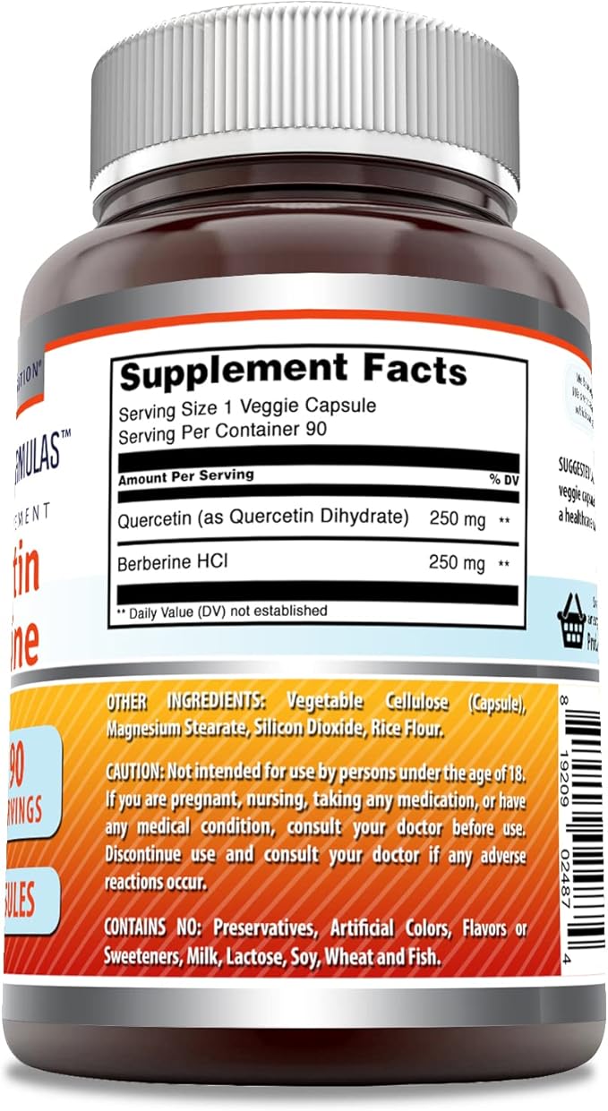 Amazing Formulas Quercetin 250 Mg &amp Berberine 250 Mg | Veggie Capsules Supplement | Non-GMO | Gluten-Free | Made in USA (1 Pack | 90 Count)