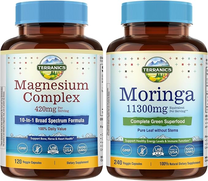 Terranics Magnesium Complex &amp Moringa Capsules Bundle - 420mg 10-in-1 Full Spectrum Magnesium with Glycinate &amp Citrate + 11300mg Pure Moringa Oleifera Leaf Powder - High Absorption Formula 12