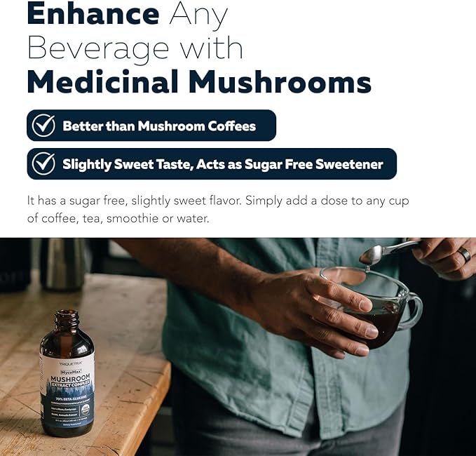 MycoMax Mushroom Complex - 70% Beta Glucans Max Potency Mushroom Supplement US Grown + Ultrasonic Extraction - Lions Mane Cordyceps Reishi &amp More - Promotes Cognition Immunity Energy - 8 oz.