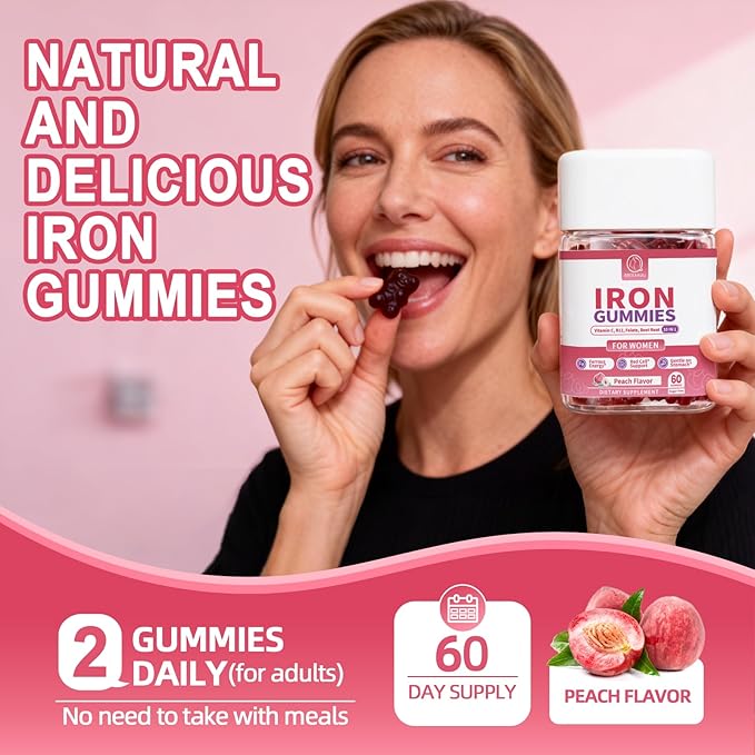 Iron Gummies for Women - Heme Iron for Max Absorption &amp Gentle on Stomach 10-in-1 with Vitamin C B12 Folate Supports Energy Focus &amp Red Blood* Cell* Wellness Peach Flavor 60 Counts (2 P