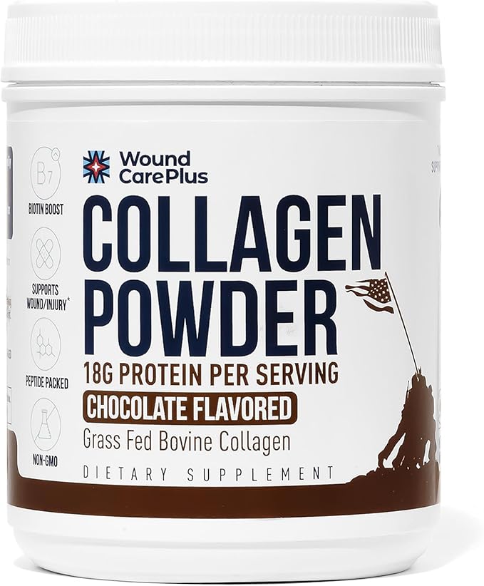 Wound Care Plus Collagen Peptides Powder Chocolate - Grass-Fed Hydrolyzed Collagen with 18g Protein - Supports Skin &amp Joint Health - Delicious Chocolate Flavor