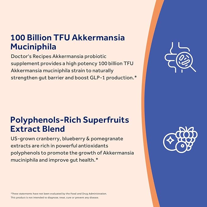 Doctor's Recipes Akkermansia Probiotic Akkermansia Muciniphila 100 Billion TFUs Cranberry Blueberry &amp Pomegranate Extract GLP-1 Production Gut Digestive Immune Health 30 Veggie Capsules
