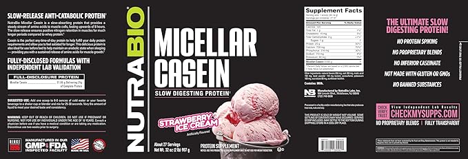 NutraBio Casein Protein Powder Micellar Casien Powder 25g Slow Digesting Protein Helps Keep You Full Overnight Muscle Recovery &amp Growth BCAA &amp EAA Gluten Free Soy Free 2lb Strawberry I